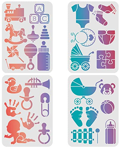 FINGERINSPIRE 4 Stück Baby Thema Schablonen Vorlage 29,7x21cm Kunststoff Babyflasche Wiederverwendbare Zeichnung Malschablonen für Holz, Boden, Wand, Fliesen DIY Kunst und Handwerk