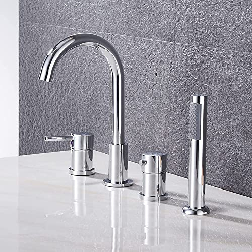 Wannenrandarmatur 4-Loch Badewannen-Armatur Heißes und Kaltes Wasser Badezimmer Armatur Set mit Handbrause Bifunktional Wannenrand Badewanne Armatur Set,Chrom