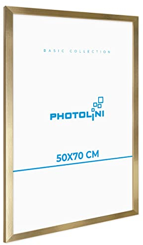 PHOTOLINI Cadre 50x70 bois doré MDF, cadre pour puzzle 50x70 et posters, cadre photos avec verre acrylique incassable, cadre photo 70x50 à suspendre, cadre poster 50 x 70 avec accessoires