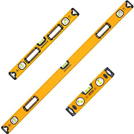 Tough Master Spirit Level Set 3 Piece PRO, Magnetic, 3 Vial High Accuracy, Front View Vial, Aluminium Shockproof Tool, 1200mm & 600mm, 250mm