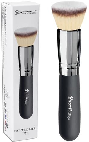 Bueart Design Kabuki Foundation Brush Premium Makeup Brush for Liquid, Cream, and Powder - Buffing, Blending, Flawless Face Brush (Black&silver-Flat Top)