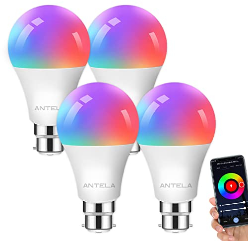 ANTELA Smart Bulb B22 Alexa Light Bulbs, 9W LED WiFi Bulb, 2700K-6500K RGB Dimmable Colour Changing, Smart Life App Control, Compatible with Alexa, Google Home, No Hub Required, 4 Packs