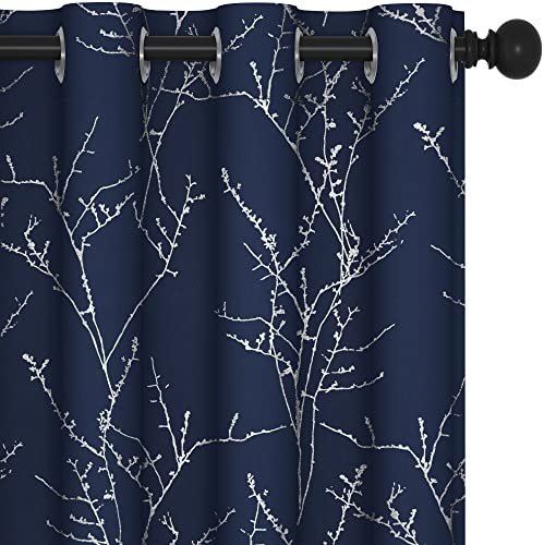 Deconovo Eyelet Curtains Blackout, Room Darkening Thermal Soft Tree Branches Printed Curtains for Bedroom, Navy Blue, 46 x 54 Inch (Width x Length), 2 Panels