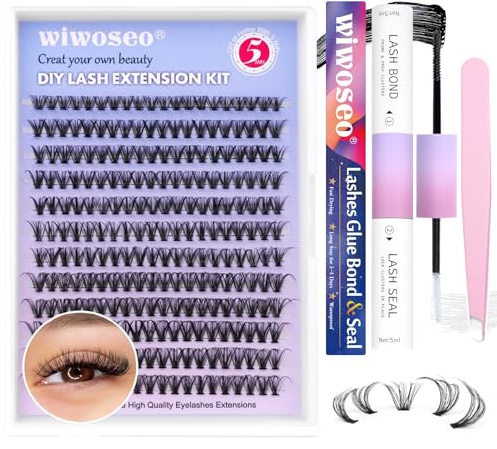 wiwoseo Individual Eyelashes Cluster Lashes Kit 240pcs Lash Clusters Individual Lashes Extension Kit Natural Russian Cluster Lashes with Lash Bond and Seal Lash Glue for DIY at Home (30p, 8-16mm)