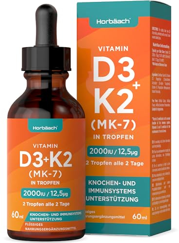 Vitamin D3 K2 Tropfen 60ml Hochdosiert | mit 2000 IE D3 + 12,5 µg K2 MK7 All-Trans | Flüssige Tropfen | Knochengesundheit und Immununterstützung | von Horbaach