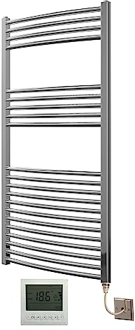 Greened House Extra High Heat Output Chrome Electric Towel Rail 600 x 1200mm Curved Bathroom Radiator Heater Up to 26% More Heat Output + Timer and Thermostat