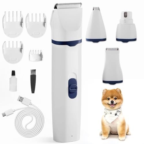 Airminti 4in1 Leise Schermaschine Katze, Usb Aufladbar Tierhaarschneidemaschine mit 4 Abnehmbare Multifunktions-Schneidköpfen, Hundeschermaschine für Augen/Ohren/Pfoten/Nagel (Blau)