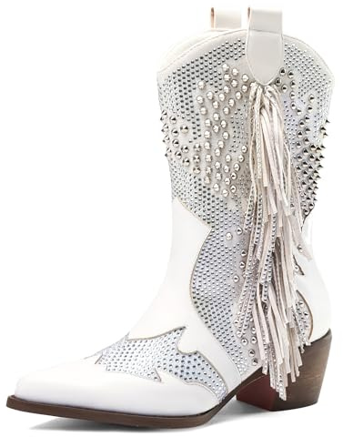 Tsrenlmln Sparkly Rhinestone Cowboy Boots for Women - Pointed Toe Western Ankle Boots with Tassel, 3.74 high, Rivet Decorated Slip-On Booties, Party & Casual Wear White 8