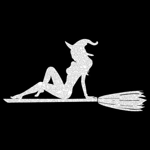 Glitzerdeals Bügelbilder Glitzer Halloween Hexe auf Besen silber Aufbügler für Textilien Karneval Kostüm Hexe Bügelflicken Hexen Fasching Patch zum Aufbügeln Hexe