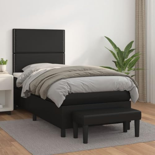 Tidyard Boxspringbett mit Matratze Jugendbett Polsterbett Bettgestell Gästebett Schlafzimmerbett Doppelbett/Einzelbett Balkenbett Bettrahmen mit Lattenrost Holzbett Bett Schwarz 90x200 cm Kunstleder