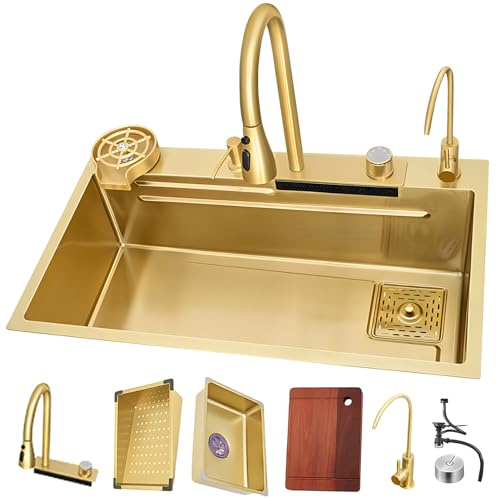 Évier De Cuisine À Cuve Unique Doré, Évier Cascade Multifonction, Lavabo À Vaisselle En Acier Inoxydable Fait À La Main, Poste De Travail De Cuisine Coulissant Et Repas, Avec Rinçage En Verre, Distrib