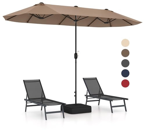 GOPLUS Grand Parasol de Jardin Exterieur avec Pied, 4M Parasol Rectangulaire Double Face pour 6 Personnes, avec Manivelle et Ventilation, pour Marché, Piscine, Terrasse, Balcon (Café)