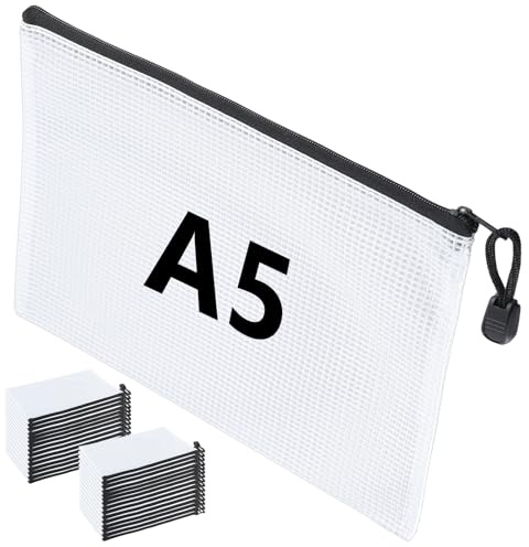 SINJEUN 30 Stück A5 Kunststoff-Brieftaschen, Netz-Reißverschlusstasche, Kunststoffhüllen mit Reißverschluss, A5-Dokumententasche für Papier, Akten und Bastelmaterialien