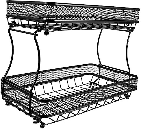 TOPBATHY 2-Tier Detachable Fruit Basket Mesh Organizer Tray, Black Desktop Multi-Function Snacks and Vegetables Storage for Kitchen Countertop