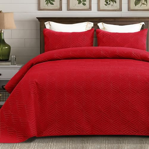 Whale Flotilla Moderne Couvre-Lit 220x240 cm, Dessus de Lit avec 2 Taies d'oreiller, en Microfibre avec Motif Géométrique, Doux et Léger pour Toutes Les Saisons, Rouge