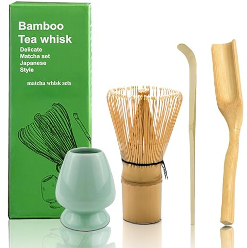 Cnwinu 4-Teiliges Matcha Besen Set, Matcha Tee Set, Perfekte Set für die Zubereitung mit Matcha Löffel, Teelöffel, Matcha Besen und Schneebesenhalter, Bambusbesen Matcha, Matcha Whisk, Matcha Latte