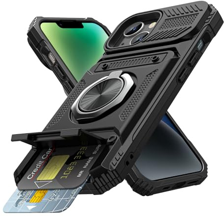 Coolden for iPhone 14 Plus Case with Card Holder [Max 2 Cards] Ring Kickstand Shockproof Military Grade Dual Layer Heavy Duty Protective Case Wallet Case Cover for iPhone 14 Plus Phone Case-Black