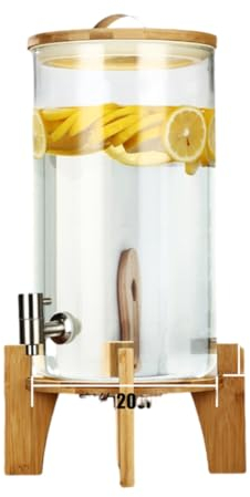 Dispenser per bevande con rubinetto e supporto in legno, bottiglia di succo in vetro per feste, dispenser per bevande con supporto, elegante e funzionale