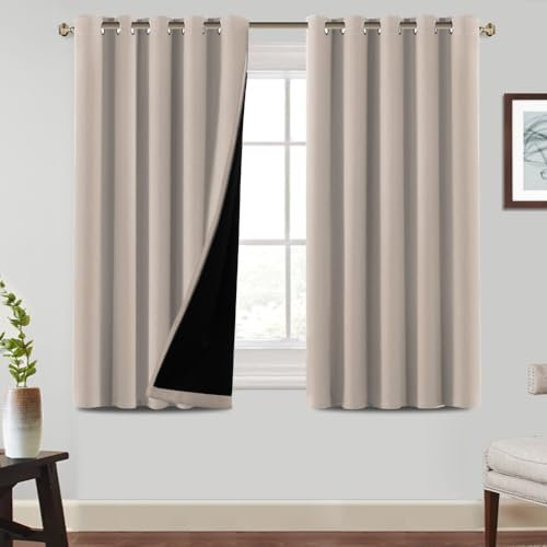 BellaHills 100% Blackout Curtains for Bedroom Thermal Insulated Blackout Curtain Heat and Full Light Blocking Eyelet Curtains for Living Room with Black Liner 2 Panels, 66 x 54 Inch, Natural Sand