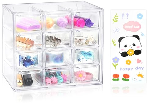 Mini Organiseur de Bureau avec 12 Tiroirs, Transparente Boîtes de Rangement pour Petites, Acrylique Compartiments pour Stockage avec Autocollant pour Bijoux Bureau Maquillage