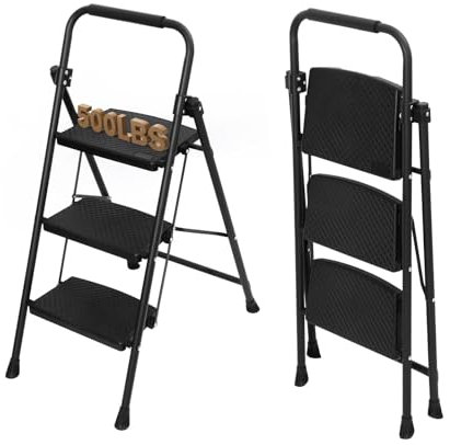Step Ladder 3 Step Folding Step Stool for Adults 500lbs Capacity Portable Sturdy Steel Step Stool with Anti-Slip Pedals Perfect for Kitchen & Household (3-Step)
