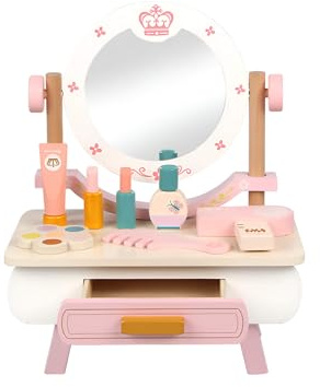 Rebecca Mobili Gioco Tavolino Make Up, Tavolo da Trucco Giocattolo in Legno, con Accessori, per Bambini 3 4 5 Anni, Idea Regalo per Bambini - Misure HxLxP: 36 x 29,5 x 18 cm - Art. KR9015