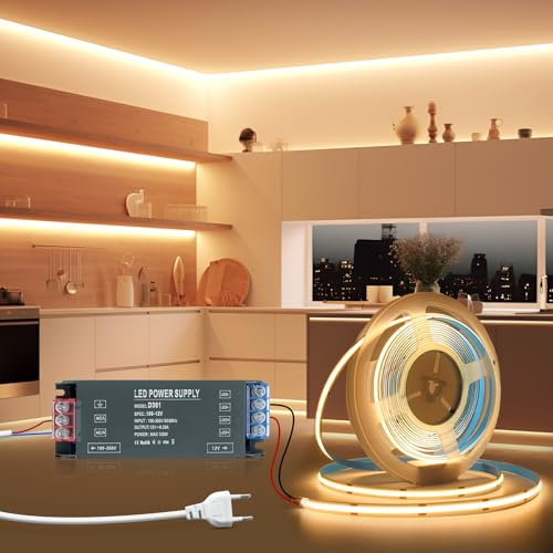 BRIMETI Tira LED 5M COB 12V, Autoadhesivo Luz Blanco Caldo 3000K 320LEDS/M Tira Luces Cortable Ancho 8mm, Con 12V Transformador LED 100W y Cable de Alimentación, para Dormitorio Fiestas Gabinete