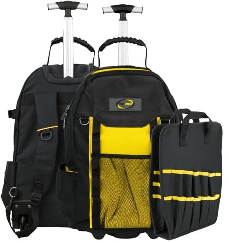Tool Bag with Rolling Wheels - ProStor 21” Tool Storage Backpack with Telescopic Extended Handle & Stop Button - UK Design - Waterproof Bag with Detachable Tool Organiser - Ideal for Construction Site