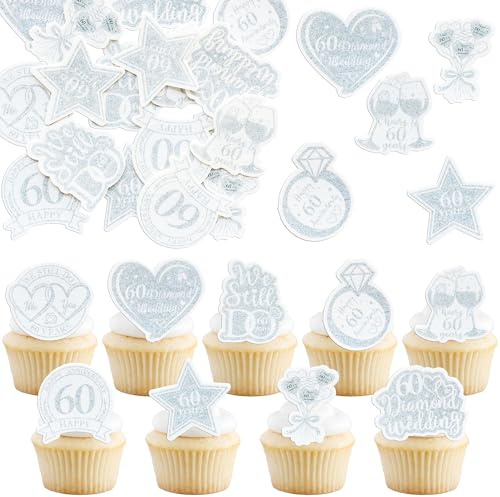 Gyufise 54Pcs Edible 60th Anniversary Cupcake Toppers Diamond Happy Wedding Glutinous Rice Paper Cheers to 60 Years We Still Do Picks Party Cake Decorations Supplies