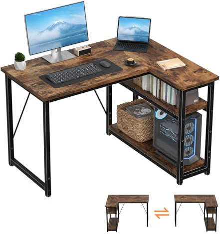 TRIUMPHKEY Escritorio Esquinero Pequeño en L de 100x80 cm con Almacenamiento, Escritorio de Esquina con Estante Reversible, Estable Mesa Ordenador en L para Oficina, Estudio o Secretaría, Marrón