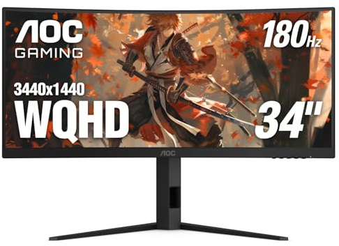 AOC CU34G4V 34 Frameless Curved Ultrawide Gaming Monitor, UWQHD 3440 x 1440 1500R, 21:9 Aspect Ratio, 180Hz 0.5ms MPRT, Display Port x 1, HDMI x 1, AMD FreeSync Premium, Height Adjustable, Black