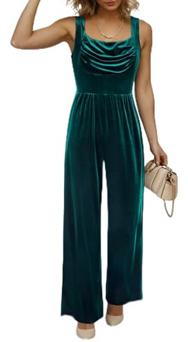 BLENCOT Women Sleeveless Fall Jumpsuits One Piece Outfits Square Neck Dressy Velvet Rompers Pleated Wide Leg Long Pants Winter Overalls Blackish Green Large