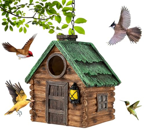 GLOPHOK Bird House for Outside, Resin Bluebird House for Outdoors Finches, Cardinals and Yellow Finches Wild Bird Nesting, 5 Years Weatherable Decorative Stone Hanging Birdhouse for Yard Garden Decor
