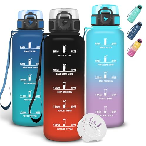 Grsta Trinkflasche 1l, Wasserflasche mit Sichere Verriegelung, Mit Zeitmarkierung und Schnürung, Trinkflasche Sport, Auslaufsichere Flasche mit Filter für Reisen, Radfahren, Arbeit