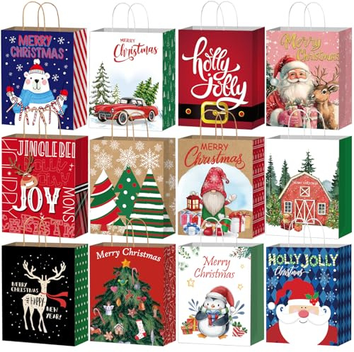 DECHISY 24 Stück Geschenktüten Weihnachten Klein, Papiertüten Weihnachten mit Griffen, Weihnachtsgeschenktaschen geeignet für Urlaub, Weihnachts- und Neujahrsdekorationen, 12 Designs, 23x18x10cm