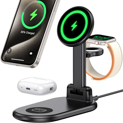 3 in 1 Faltbar Ladestation für i-Phone 17 16 15 14 13 12, Kabelloses Ladegerät für Apple Watch 9/8/7/6/5/4/3/2/SE und Air-Pods 3/2/Pro, Faltbarer Magnetische Schnelles Ladeständer