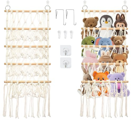 Kuscheltier Aufbewahrung Netz, Stofftier Aufbewahrung Boho Deko, Kinderzimmer Netz für Kuscheltiere, Kinderzimmer Deko Weiß, Kommt mit Haken, Klebehaken und Spurlosen Haken
