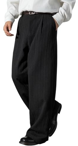 Pantaloni da uomo a righe con gamba larga, classici pantaloni da lavoro con piega e vita alta, pantaloni eleganti per occasioni formali ed eleganti, Stile K01 Nero, 3XL