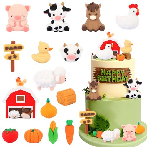 LALASTYLE 15pcs Farm Animal Cake Decorations Set - Farm Theme Birthday Cake Topper with Chicken, Sheep, Pig, Carrot, Pumpkin, Tomato for Party Decorations