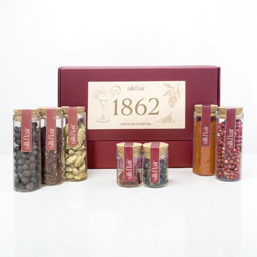 Silkflair L'arte dei cocktail (con zafferano in pistilli) Set spezie per cocktail e gin botanicals | Box premium con 7 spezie pregiate e 7 ricette originali