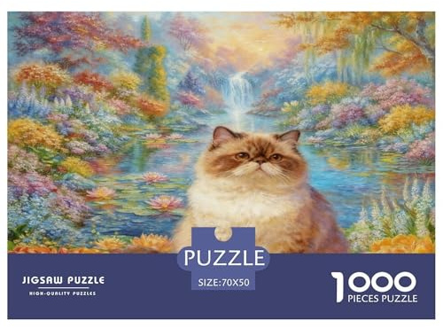 Puzzle Chat Exotic Shorthair 1000 Pièces pour Adultes Et Enfants, Jeu De Société Convivial, Casse-tête Buisson Fleuri et Bassin, Home Decor, Cadeau Enfant 70x50cm/1000pcs