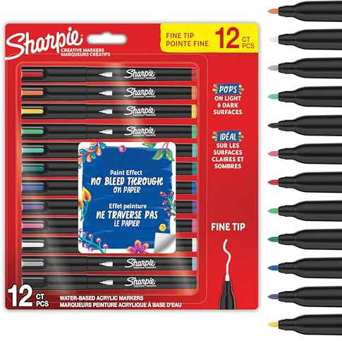 Sharpie Creative Marker Akrylfärgpennor | Vattenbaserade färgpennor | Blöder inte, skriver på de flesta ytor | Fin spets | Hantverks- och konstmaterial | Blandade färger | 12 stycken
