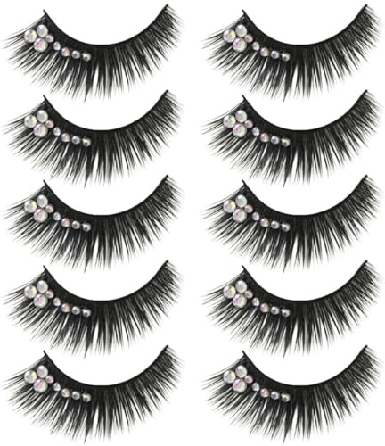 PLAFOPE 5 Pairs Rhinestone Eyelashes Stage Eyelashes False Lashes for Women Makeup Long Voluminous Wispy Lashes