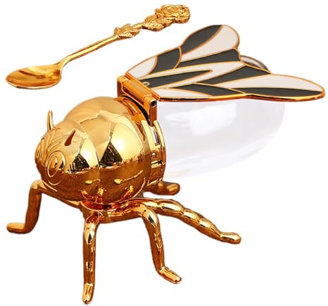Honey Pot Dispenser - Bee Shaped Honey Pot Container, Golden Syrup Jar, Crystal Jar With Spoon, Cute Condiment Container, Kitchen Countertop Accessory For Home Dining Pantry Organizer Sugar Jam Jars