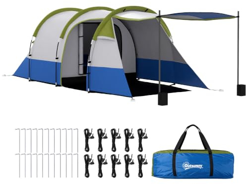 Outsunny Tente de Camping 2 Personnes 420x200x150cm | Tente Tunnel, Chambre à Coucher, Salon, Porche, Ventilée, 3 Portes, Sac de Transport Inclus