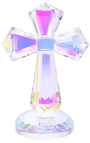 HOMSFOU Estatua de Cruz de Cristal Iridiscente Pequeña para Decoración de Mesa, Crucifijo de Oración Portátil de Vidrio, Adorno Religioso Multifuncional para Hogar y Eventos Espirituales