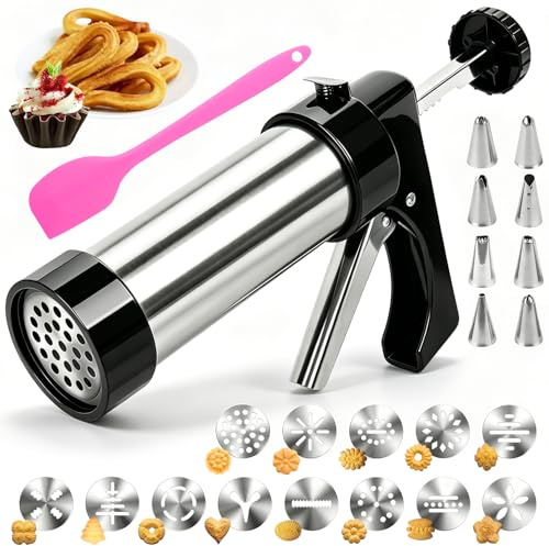 YIYICO Churreras para Churros Prensa Galletas Biscuit Maker Maquina Hacer | Pistola de Repostería de Acero Inoxidable Maquina de Galletas Churrera Manual con 13 Plantillas y 8 Boquillas
