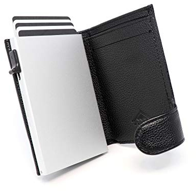 Stealth Wallet – Minimalistische Schlanke Leichte Pop-Up Kartenhalter – Kontaktlos Geschützte Sichere Smart Card-Halter Geldbörsen (Silber mit Schwarzem Leder und Münztasche)