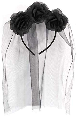 KarnevalsTeufel Horror-Haarreif in schwarz mit Rosen und Schleier Halloween Grusel Braut Accessoire Zubehör
