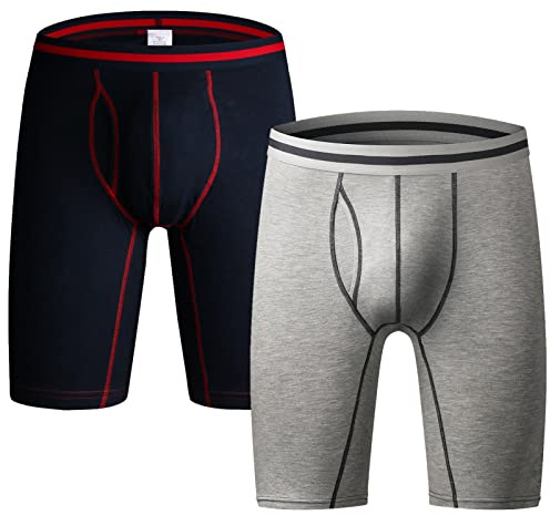 Jamron Uomo Pacco da 2 Cotone Elasticizzato Boxer a Gamba Lunga Biancheria Intima Sportivo con Aperto Davanti Grigio & Blu Marino XXL